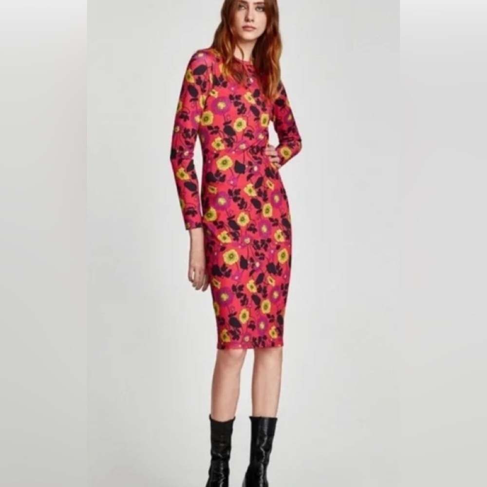 Zara Floral Bodycon Stretch Midi Long Sleeve Dress Size M - Picture 2 of 8
